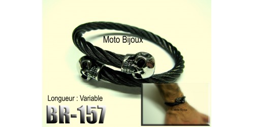 Br-157, Bracelet Tête de mort, câble noir , Acier inoxidable « stainless steel » 